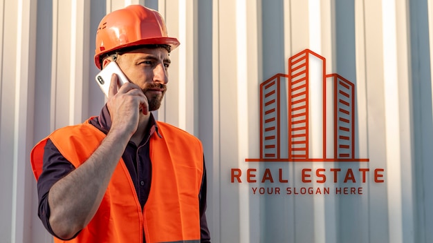 Immobilier homme avec un casque parler au téléphone