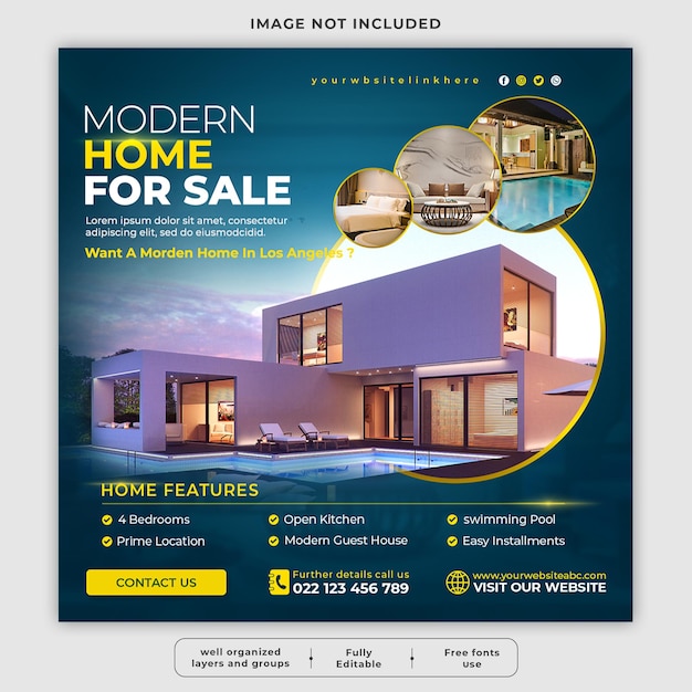 Imóvel casa propriedade mídia social ou post no Instagram ou padrão de promoção de banner web quadrado
