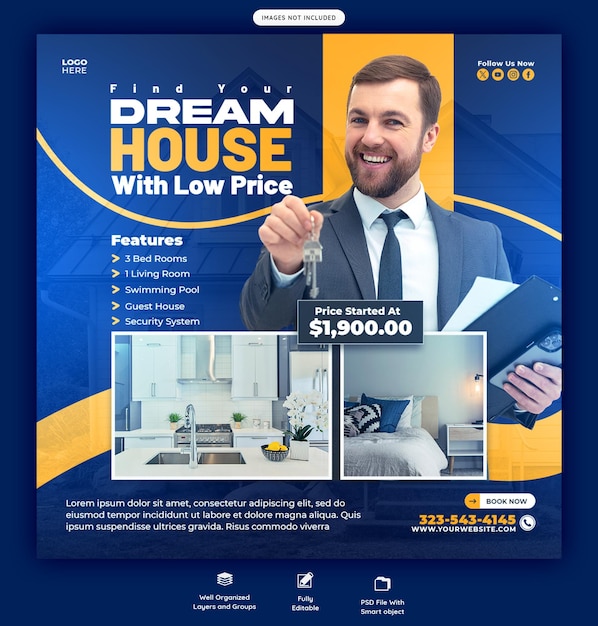 Imóvel, casa, propriedade, postagem no Instagram ou modelo de banner de mídia social