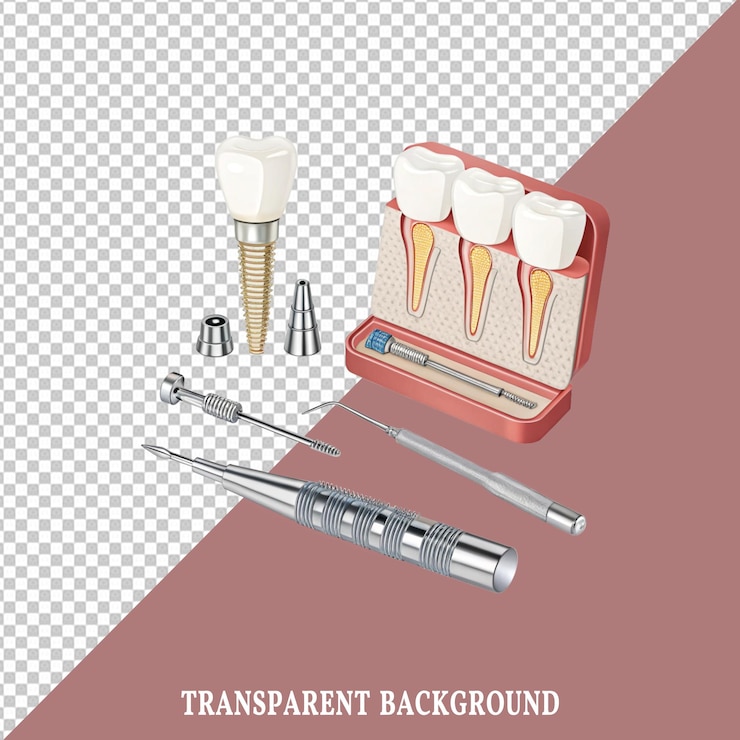 PSD implantes e ferramentas dentárias com fundo transparente