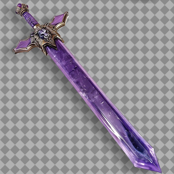 PSD imponente espada de bastardo violeta con una cabeza de león y un activo de juego c png en un fondo limpio