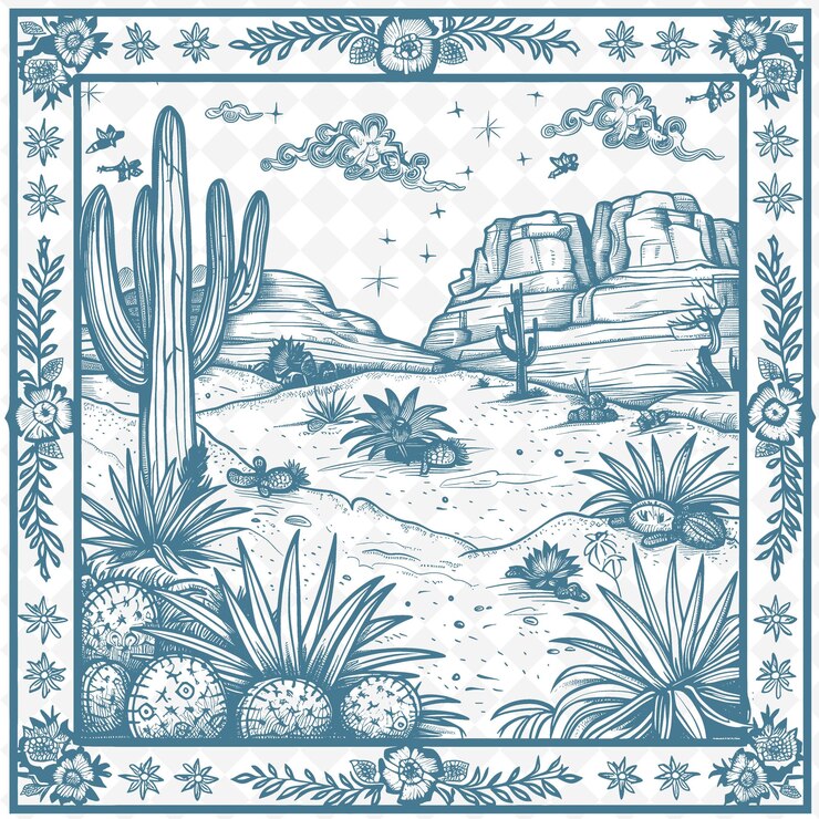 PSD una impresión azul y blanca de un paisaje desértico con cactus y cactus