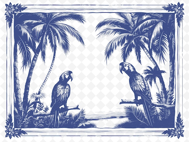 una impresión enmarcada de dos pájaros con palmeras y un fondo azul con una imagen de un loro