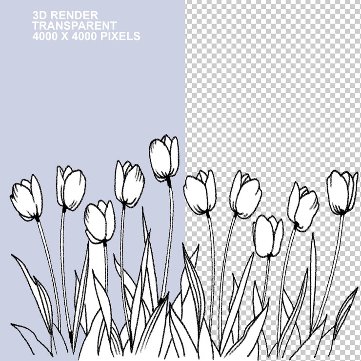 PSD impresión textil de tulipanes de flores libro de colorear arte de línea dibujo de tulipanes ángulo blanco