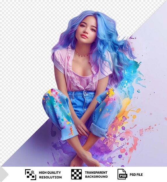 PSD impresionante chica hermosa con cabello azul y salpicaduras de acuarela de colores en su cabello png