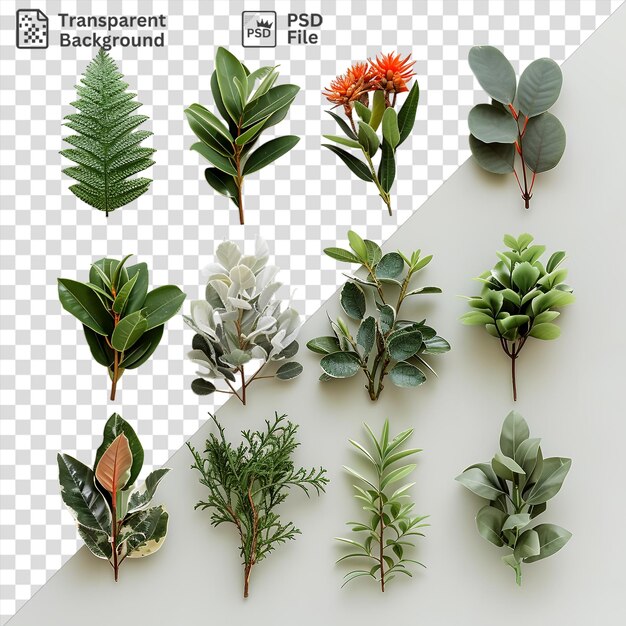 PSD impresionante colección de plantas exóticas de interior con hojas verdes flores de naranja y pequeñas plantas verdes expuestas en una pared blanca