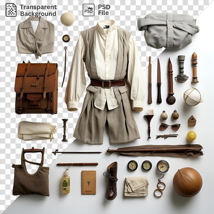 PSD impresionante conjunto de trajes y accesorios de recreación histórica exhibido en un fondo transparente con un cinturón marrón, un reloj de plata y marrón y un pequeño reloj y una bolsa marrón