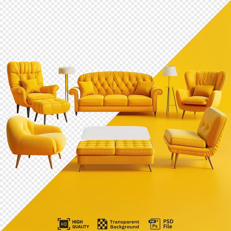 impresionante conjunto vectorial de muebles acogedores para el hogar, incluidas sillas amarillas, un fondo transparente y una pequeña lámpara blanca colocada contra una pared y un piso amarillos con un cojín amarillo que agrega un toque de color