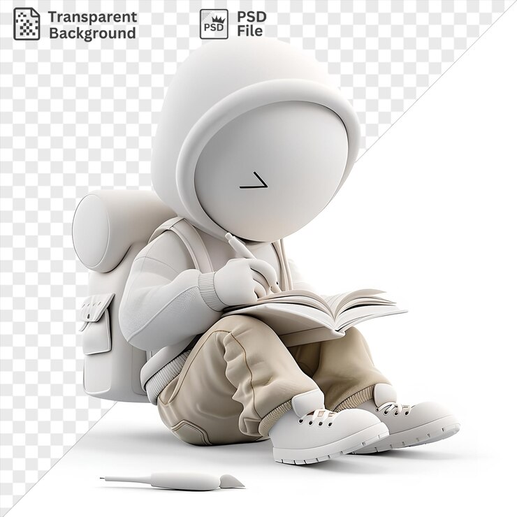 PSD impresionante dibujos animados de escritor 3d escribiendo un libro mientras sostiene un juguete blanco y un papel blanco con un calcetín blanco visible en primer plano