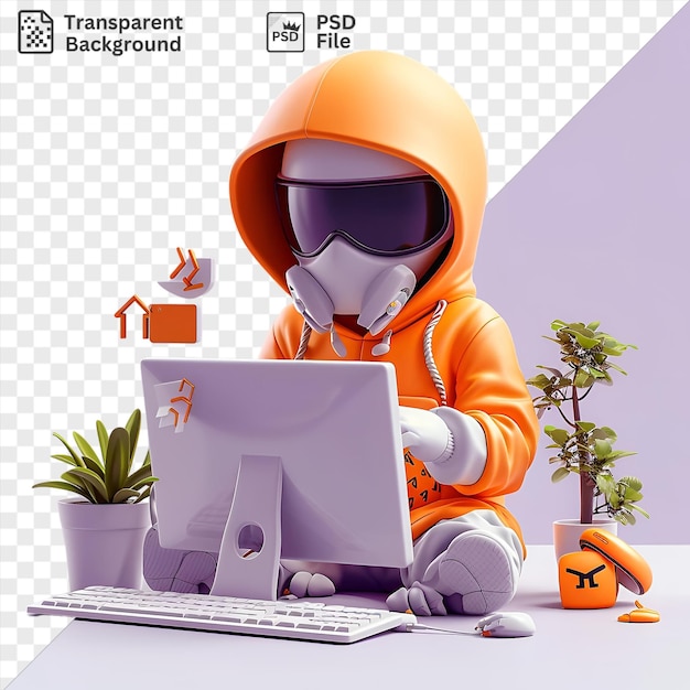 Impresionante dibujos animados de hackers en 3d infiltrándose en una red de computadoras en un fondo transparente rodeado de una planta verde y una olla blanca con un teclado plateado y blanco en primer plano