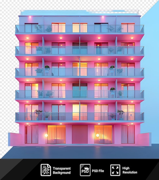 PSD impresionante edificio residencial con apartamentos iluminados contra un cielo azul png psd