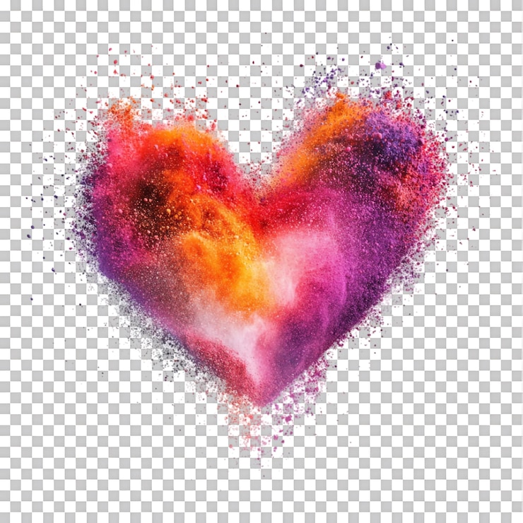 PSD una impresionante explosión de colores vibrantes en forma de corazón contra un fondo transparente