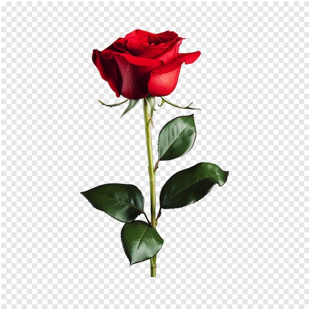 PSD impresionante flor de rosa roja con hojas verdes png aislado