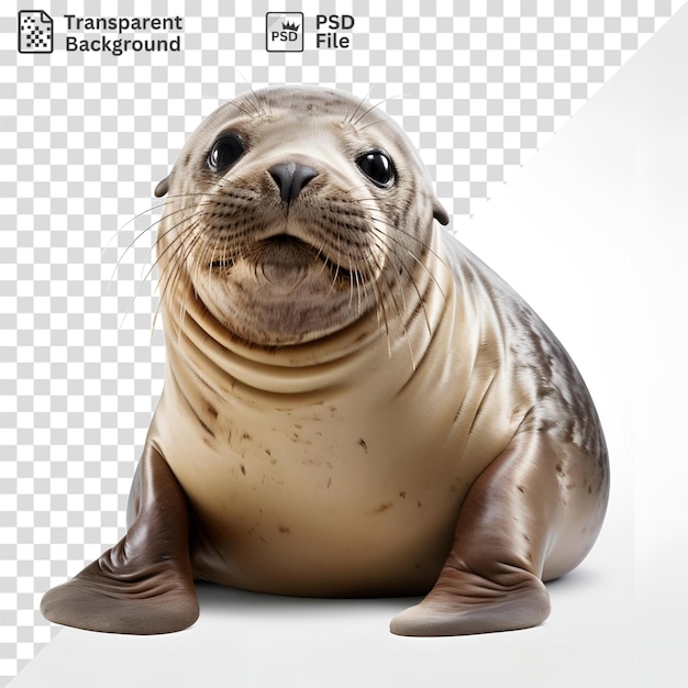PSD impresionante foto de una foca con ojos negros una nariz negra y largos bigotes blancos se sienta en un fondo transparente con una pierna doblada visible
