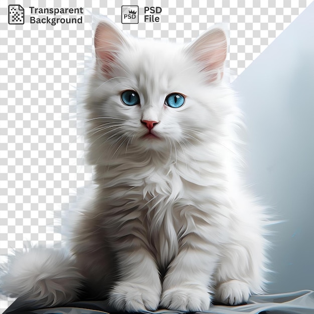 PSD impresionante gatito blanco con ojos azules y nariz rosada sentado en una mesa mostrando su cola esponjosa, patas blancas y orejas rosadas