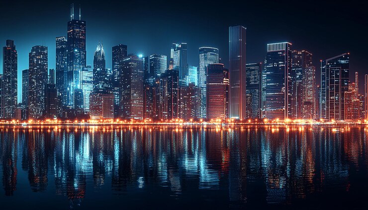 Impresionante horizonte de la ciudad por la noche con el reflejo en el agua que muestra la belleza urbana