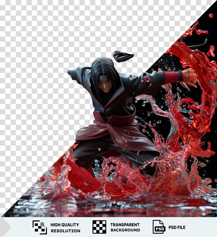 PSD impresionante itachi uchiha de naruto shippuden con su cabeza negra y el brazo extendido se encuentra frente a un cartel blanco y negro png psd