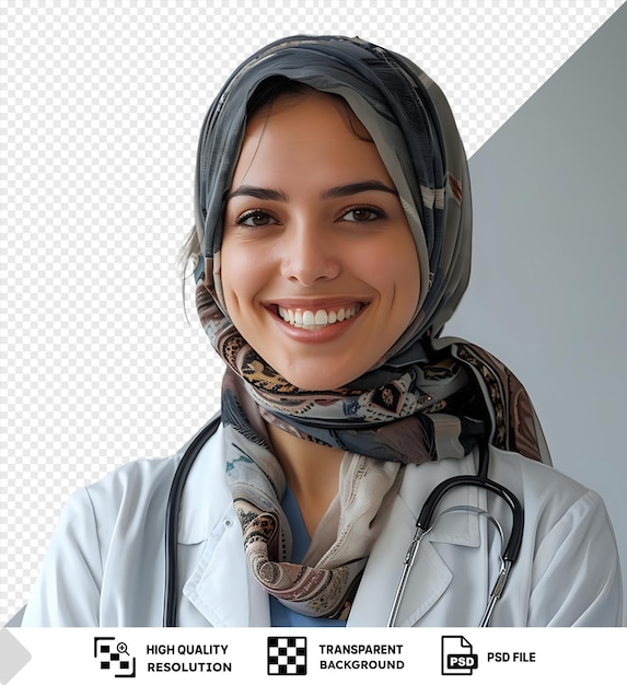 Impresionante una joven doctora sonriendo para la cámara con una camisa blanca y corbata azul con una bufanda gris alrededor de su cuello sus ojos marrones y nariz grande son visibles así como su png psd