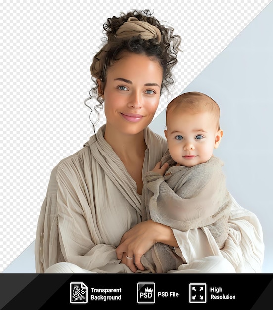 PSD impresionante maqueta de una madre y su bebé con cabello castaño rizado ojos azules y una oreja pequeña de pie frente a una pared blanca la mano de la madre es visible sosteniendo el