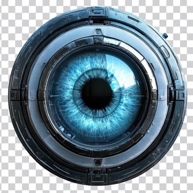 Impresionante ojo azul aislado de un robot futurista en un fondo blanco para proyectos temáticos de tecnología y fondo transparente