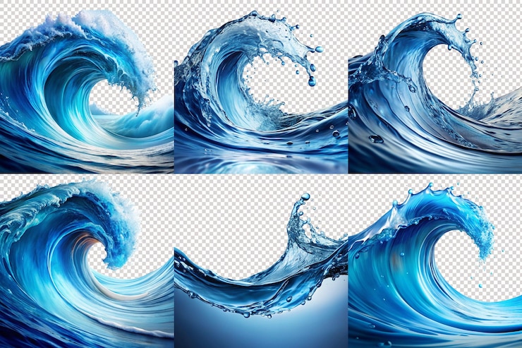 PSD impresionante paquete de salpicaduras de olas oceánicas con fondo transparente aislado para imágenes de mar y playa