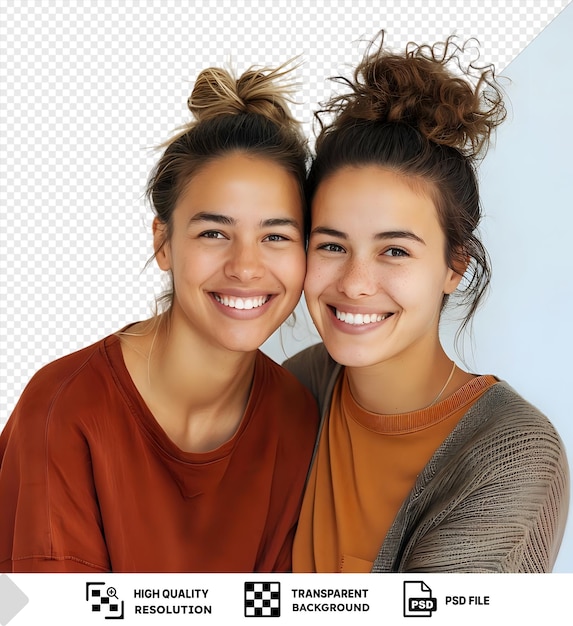 PSD impresionante pareja de lesbianas sonriendo para la cámara frente a una pared blanca con la mujer con una camisa naranja y el hombre con un suéter marrón y gris la mujer tiene cabello marrón y el hombre png