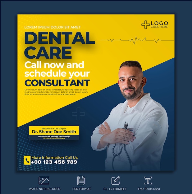 Impresionante plantilla de diseño de médico de atención dental para el uso y marketing de las redes sociales