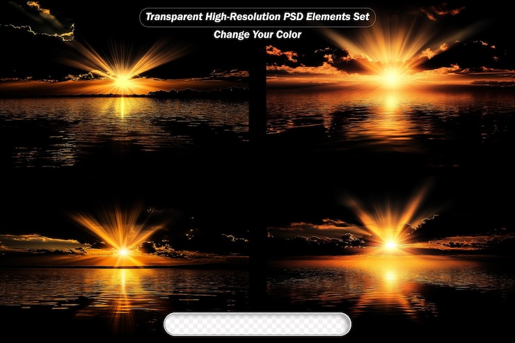 PSD impresionante puesta de sol en el océano con espectaculares efectos de luz sobre el agua