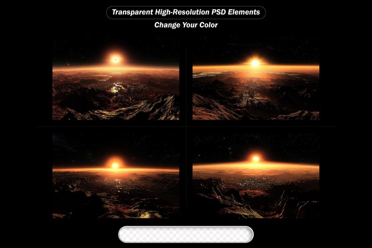 PSD impresionante puesta de sol sobre el paisaje alienígena con elementos psd