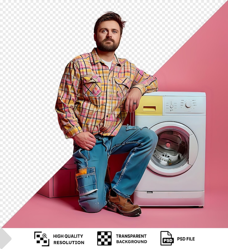 PSD impresionante reparador satisfecho posando para la cámara en un apartamento del cliente con una lavadora blanca y pared rosa en el fondo lleva una camisa a cuadros jeans azules y zapatos marrones png psd