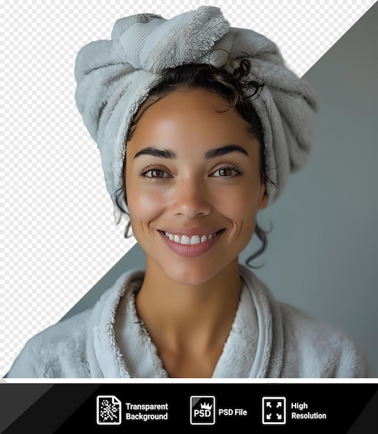 PSD impresionante retrato de una mujer de raza mixta sonriente con bata y toalla en la cabeza de pie en el baño
