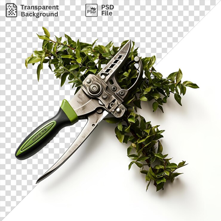 PSD impresionantes fotógrafos arboriculturistas realistas tijeras de poda de árboles con una cuchilla afilada y un mango verde mostrado en un fondo aislado