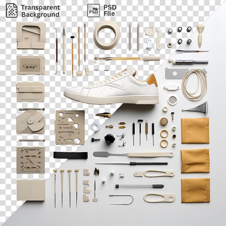 PSD impresionantes herramientas de diseño de zapatillas personalizadas establecidas en un fondo transparente con zapatos naranjas un reloj blanco y un zapato blanco y naranja