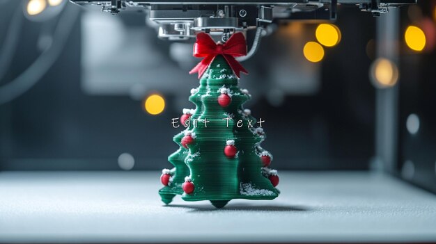 Impresora 3D creando un árbol de Navidad en miniatura con adornos rojos y nieve