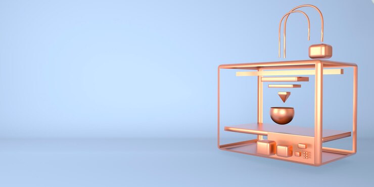 PSD impresora 3d de metal que imprime 3d render, ilustración 3d, fondo con espacio de copia.