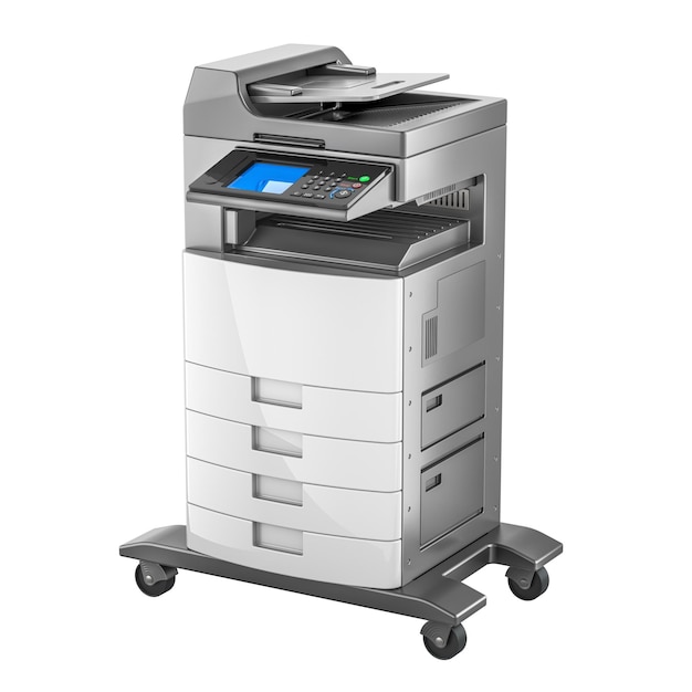 Impresora multifuncional de oficina MFP de color plata con representación 3D aislada sobre un fondo transparente