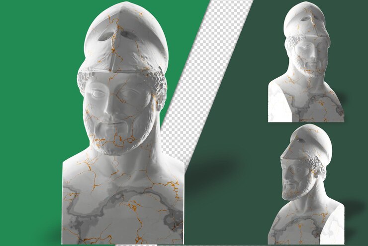 PSD impressionante renderização em 3d de um guerreiro dourado com estátua de capacete perfeito para roupas de rua