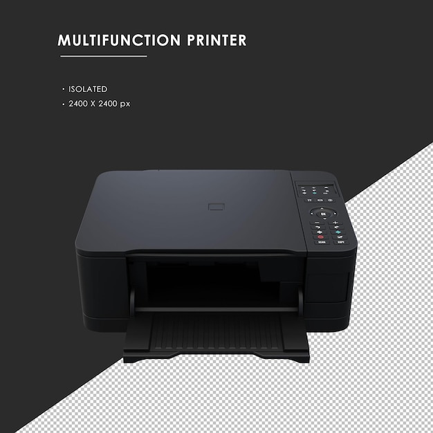 PSD impressora multifuncional preta isolada de renderização em ângulo frontal superior
