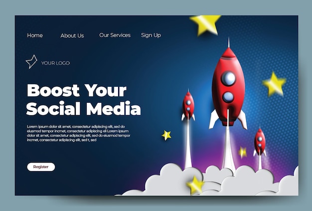 Impulsione a página de destino da mídia social com foguete 3d