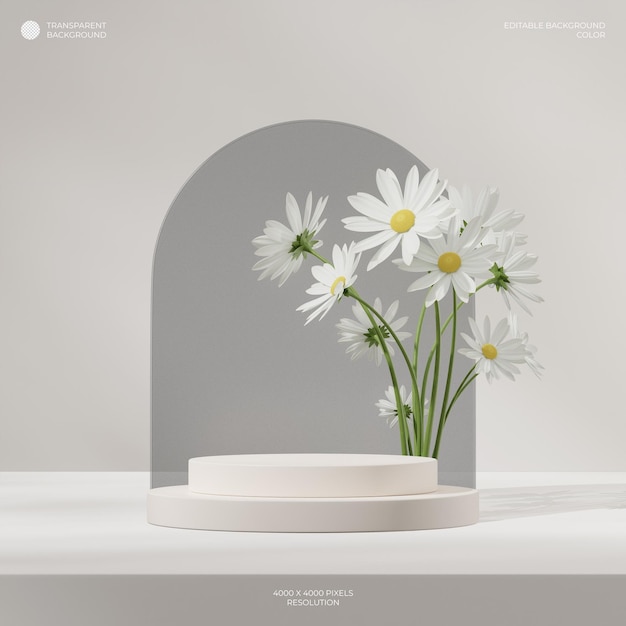 in arco quadrato e fiore sullo sfondo trasparente 3d immagine render scena mockup del podio curvo bianco