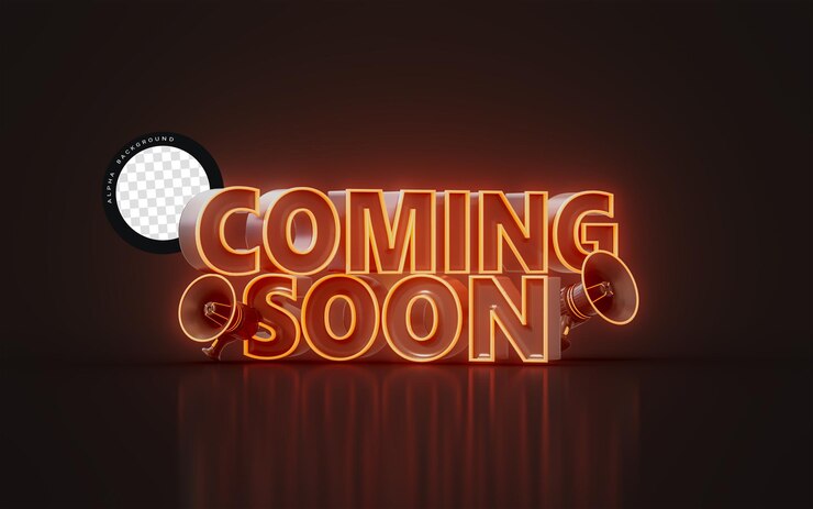 in arrivo annuncio con megafono neon luce incandescente 3d render concept per l'apertura di un grande oggetto