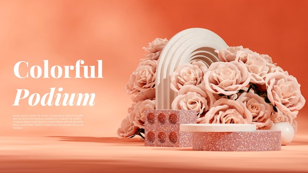 in landscape pink rose flower 3d image render blank mockup natural ceramic and terrazzo podium
