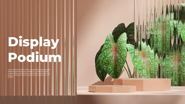 in Landschaft Glaswand 3D-Render-Bild leeres Modell Granit Textur sechseckige Form Podium