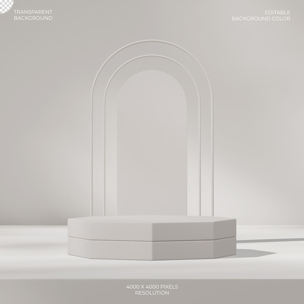 in quadratischem Bogen-Hintergrund 3D-Render-Bild transparenter Hintergrund eines weißen Sechseck-Podiums