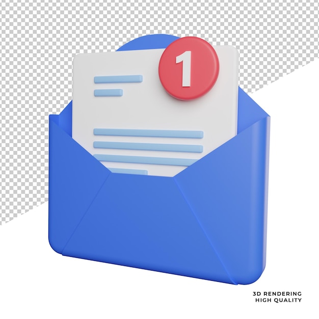 Inbox messages notification side view icon 3d rendering illustration on transparent background