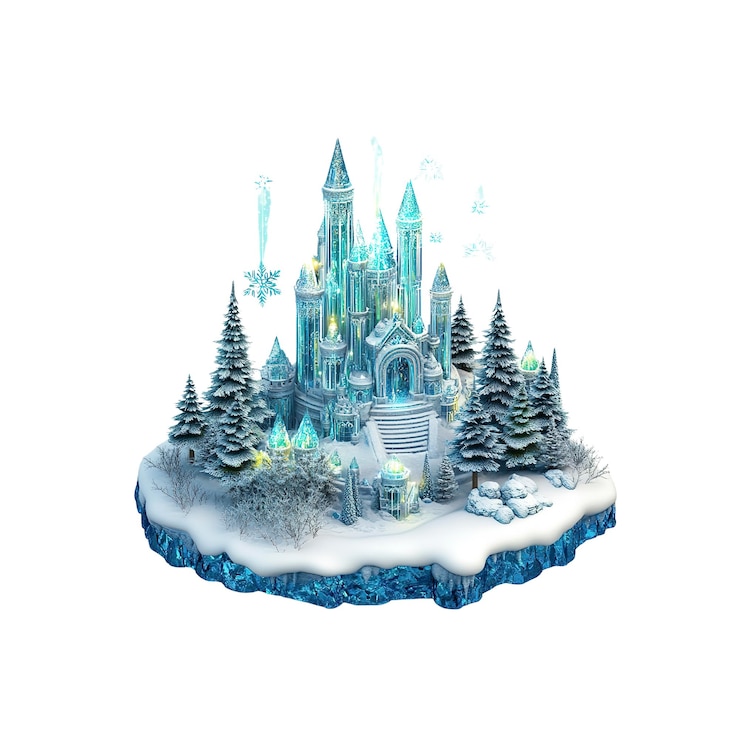 PSD incantevole castello di ghiaccio su un'isola invernale