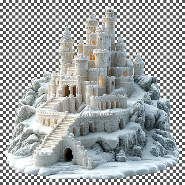 PSD incantevole castello di neve isolato su uno sfondo trasparente