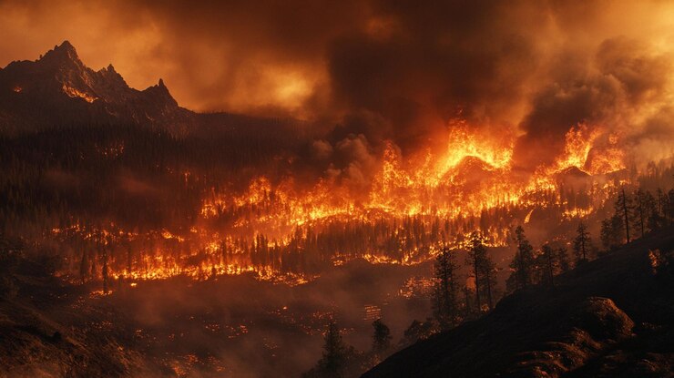 PSD un incendio forestal ardiente que se extiende a través de un bosque montañoso envolviendo árboles y colinas en llamas elevando humo al cielo