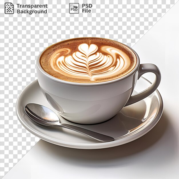 Increíble baristas fotográficos realistas taza de café y cuchara de plata en un fondo transparente con una sombra blanca en el fondo