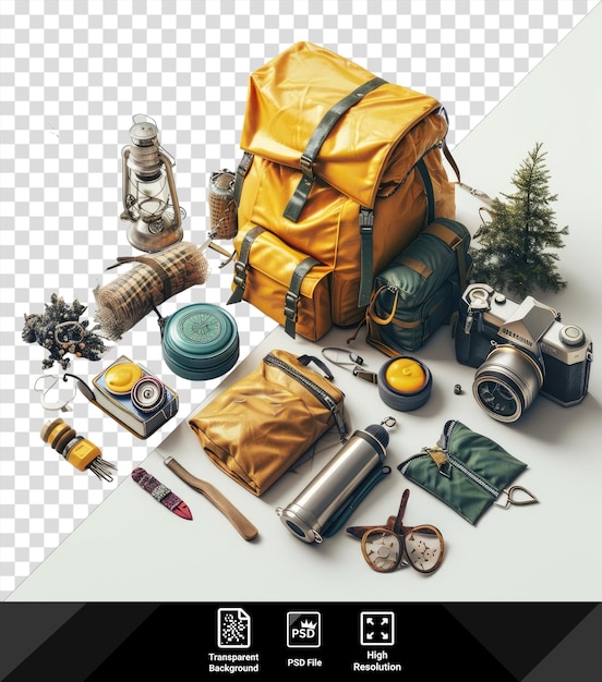 Increíble campamento configurado con una bolsa amarilla cámara de plata pequeño reloj y pequeño árbol verde en un fondo transparente